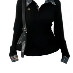 American POLO Collar Checkered Long-sleeved T-shirt Women Spring Fall New Slim Fit Embroidered Elegant Fake Two-piece Top