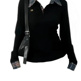 American POLO Collar Checkered Long-sleeved T-shirt Women Spring Fall New Slim Fit Embroidered Elegant Fake Two-piece Top