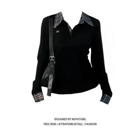 American POLO Collar Checkered Long-sleeved T-shirt Women Spring Fall New Slim Fit Embroidered Elegant Fake Two-piece Top