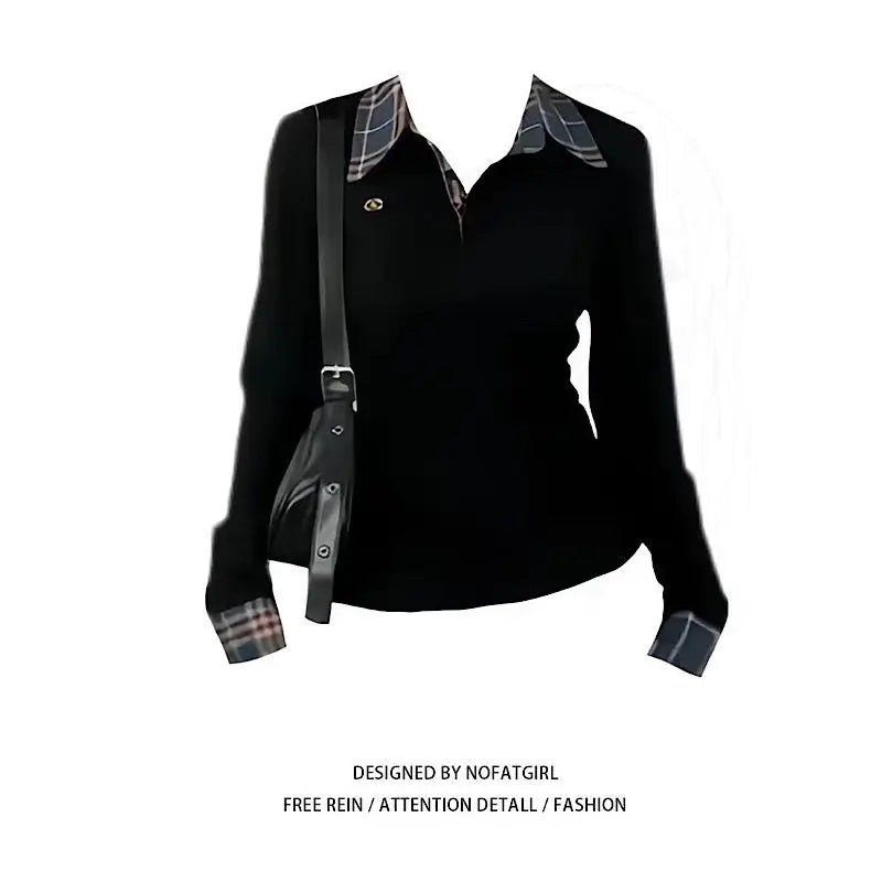 American POLO Collar Checkered Long-sleeved T-shirt Women Spring Fall New Slim Fit Embroidered Elegant Fake Two-piece Top