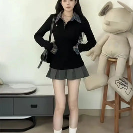 American POLO Collar Checkered Long-sleeved T-shirt Women Spring Fall New Slim Fit Embroidered Elegant Fake Two-piece Top